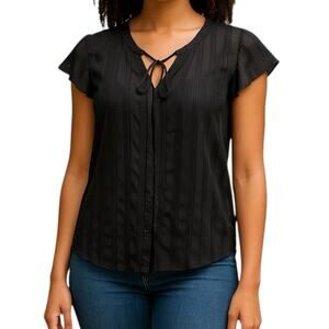 J.O.A Black Metallic Tie Neck Blouse NWT Cap Sleeve Size XS